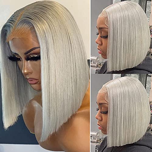 Grey Short Bob Wigs 13x14 Lace Frontal Bob 14" 180% Density Lace Front Wigs Pre Plucked Hairline with Baby Hair Middle Part Glueless Brazilian Virgin Silk Straight Hair for Black Woman #Grey