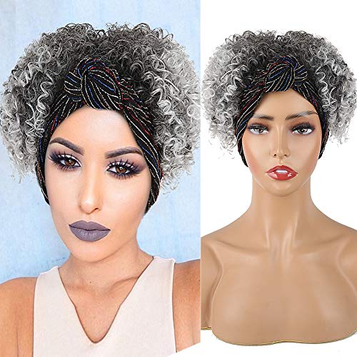 Headband Wigs for Black Women Curly Afro Wig with Headband Attached,KRS Cute Grey Wig 2 in 1Wrap Wig Headband Wig Synthetic Ponytail Wigs for Black Women,Small Afro Wig Half Wigs for Black Women(grey) Gray