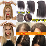 S-noilite Hand Made Human Hair Toppers Straight Hairpiece Clip in Crown Hair Extensions for Covering White Loss Hair Toupee Wiglet