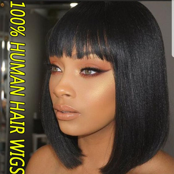 100% Brazilian Real Hair Human Hair Wig Shoulder Length Bob Wig Natural Black/Dark Brown