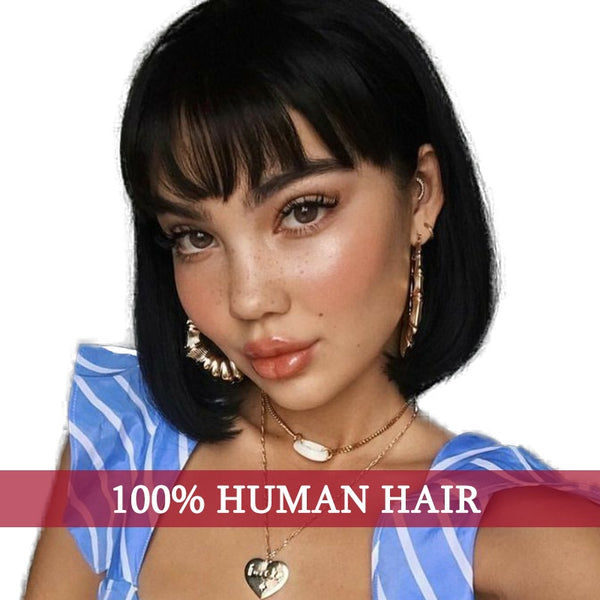 8/10/12 inch Short Human Hair Wig Brazilian Remy Hair Bob Wig with Bangs For Women