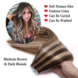 S-noilite Balayage 12"-24" Tape In Hair Extensions 10 pcs Fashion Real Remy Human Hair Extensions Long Straight Seamless Hair Weft