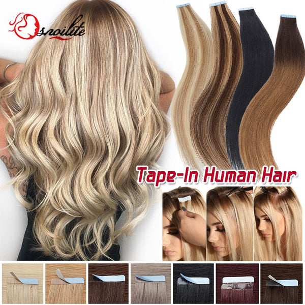 S-noilite Balayage 12"-24" Tape In Hair Extensions 10 pcs Fashion Real Remy Human Hair Extensions Long Straight Seamless Hair Weft