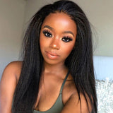 Middle Part Peruvian Fluffy Long Kinky Wigs Straight Hair Lace Front Human Hair Wigs 24 Inches Remy Hair Wig Afro Black Wig for Women