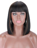 Kalyss Bob Short Hair Wig for Black Women Heat Resistant Yaki Synthetic Hair Women’s Wig With Hair Bangs (Black With Medium Auburn Brown Strips)