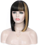 Kalyss Bob Short Hair Wig for Black Women Heat Resistant Yaki Synthetic Hair Women’s Wig With Hair Bangs (Black With Medium Auburn Brown Strips)