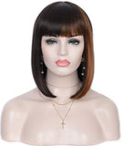 Kalyss Bob Short Hair Wig for Black Women Heat Resistant Yaki Synthetic Hair Women’s Wig With Hair Bangs (Black With Medium Auburn Brown Strips)