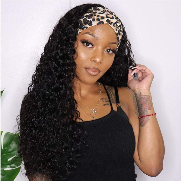 JOSUA Water Wave Headband Wig Human Hair For Black Women Brazilian Virgin Hair Machine Made None Lace Front Wigs Headband Scarf Wigs Natural Color 150% Density (12inch)