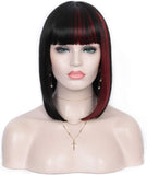 Kalyss Bob Short Hair Wig for Black Women Heat Resistant Yaki Synthetic Hair Women’s Wig With Hair Bangs (Black With Medium Auburn Brown Strips)