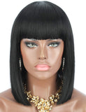 Kalyss Bob Short Hair Wig for Black Women Heat Resistant Yaki Synthetic Hair Women’s Wig With Hair Bangs (Black With Medium Auburn Brown Strips)