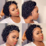 Aligegous Short Curly Lace Wigs Pixie Cut Lace Front Human Hair Wigs For Black Women Brazilian Virgin Remy Hair Wigs 150% Density Glueless Pre Plucked Curly Frontal Wig With Hand Tied Hairline (1B)