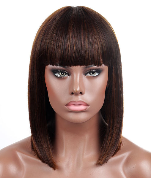 Kalyss Bob Short Hair Wig for Black Women Heat Resistant Yaki Synthetic Hair Women’s Wig With Hair Bangs (Black With Medium Auburn Brown Strips)