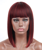 Kalyss Bob Short Hair Wig for Black Women Heat Resistant Yaki Synthetic Hair Women’s Wig With Hair Bangs (Black With Medium Auburn Brown Strips)