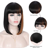 Kalyss Bob Short Hair Wig for Black Women Heat Resistant Yaki Synthetic Hair Women’s Wig With Hair Bangs (Black With Medium Auburn Brown Strips)