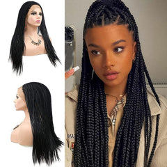 Karissa Black Braided Wigs for Black Women Long Synthetic Lace Front Wigs with Natural Hairline Realistic Long Black Micro Box Braid Hair Wig Glueless Heat Resistant Fiber Hair High Density Cosplay Daily 26inch