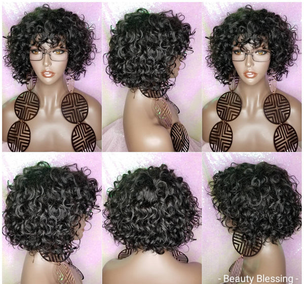 Wig Short Loose Curl Bob Style Brazilian Remy 100% Human Hair Full Cap Women Wig Curly Hair