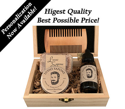 Personalized Gift, Beard Grooming Kit | Contains Beard Balm, Beard Oil, Natural Soap, Beard Comb | By Lusso Sapone