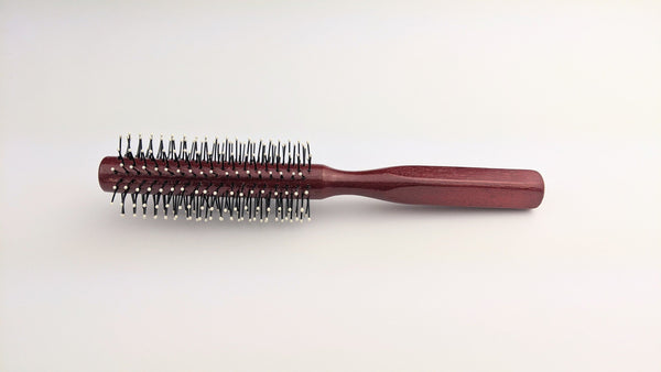 Round Hair Brush, Plastic Ball-Tipped Bristles, Reddish Brown Wooden Handle