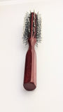 Round Hair Brush, Plastic Ball-Tipped Bristles, Reddish Brown Wooden Handle