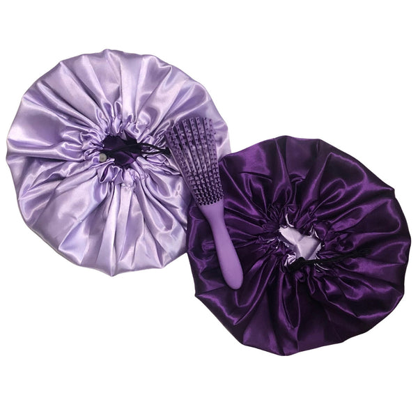 Purple Satin Bonnet & Detangling Brush | Moisturize Tangle Free | Curl Protection | Stay Moist | Flexible Combs |