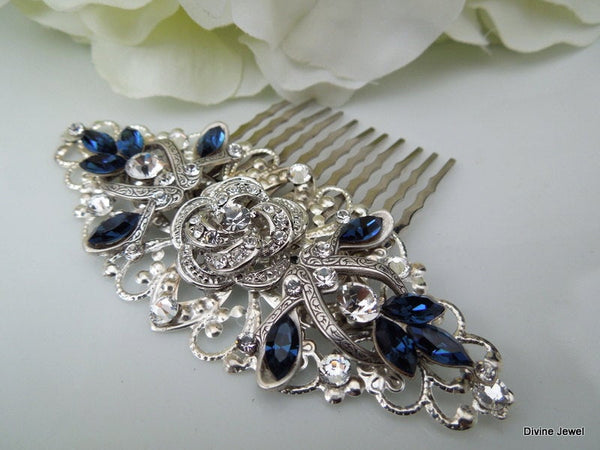 Swarovski Crystal Bridal Hair Comb Wedding Hair Comb Something Blue flower and leaf wedding Hair accessories vintage style ROSELANI