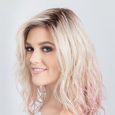 TABU by ELLEN WILLE in ROSE BLONDE | Medium Dark Brown Roots that melt into a Pale Golden Blonde with a Mixture of Pink Tones Underneath