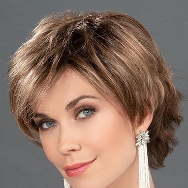 JOY by ELLEN WILLE in TOBACCO ROOTED | Medium Brown Base with Light Golden Blonde Highlights and Light Auburn Low-lights and Dark Roots