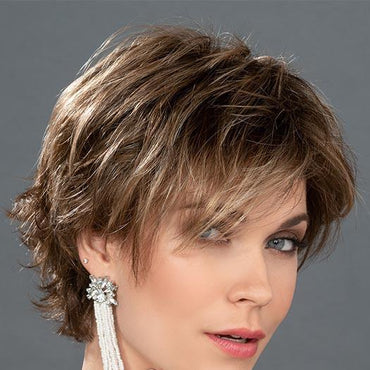 JOY by ELLEN WILLE in TOBACCO ROOTED | Medium Brown Base with Light Golden Blonde Highlights and Light Auburn Low-lights and Dark Roots