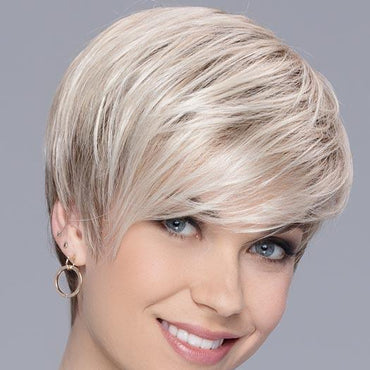 NEXT by ELLEN WILLE in CHAMPAGNE ROOTED | Light Beige Blonde, Medium Honey Blonde, and Platinum Blonde blend with Dark Roots